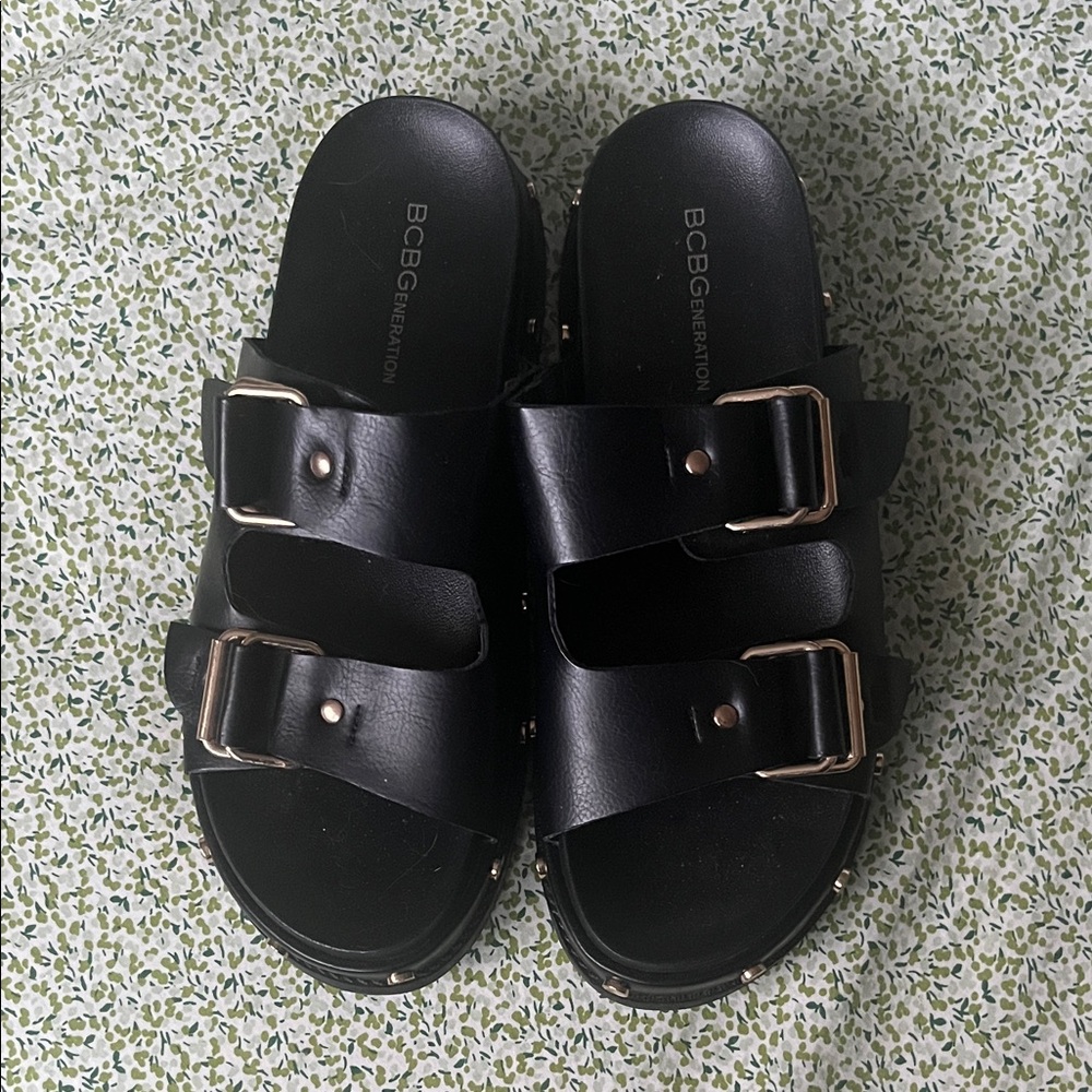 BCBGeneration Black Double Buckle Slide Sandals with Gold Hardware